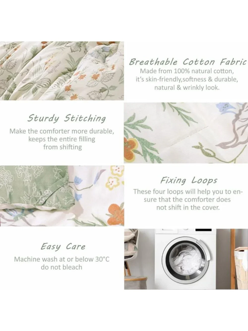Ivory & Sage Green Floral Cotton Comforter Set - Twin Size, Cozy Bedding